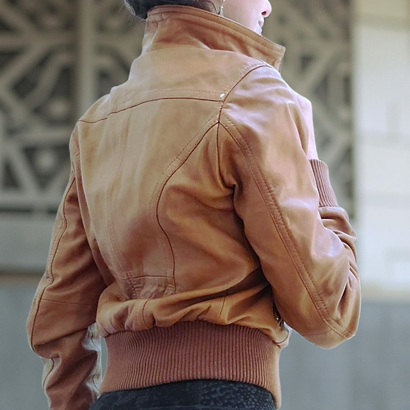 Women's Genuine Leather English Boutique English Tan Bomber Jacket - Picture 2 of 5